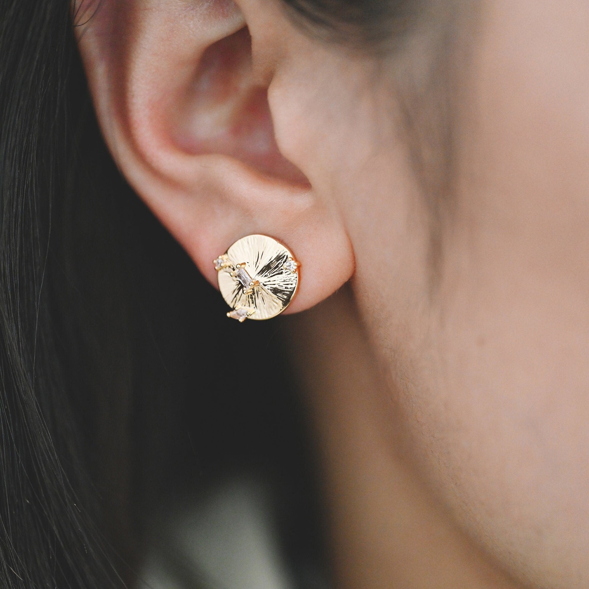 10pcs Gold Round Disc Ear Post with Loop, 11mm, 18K Gold plated Brass, CZ pave Stud Earring Components (GB-1640-A)